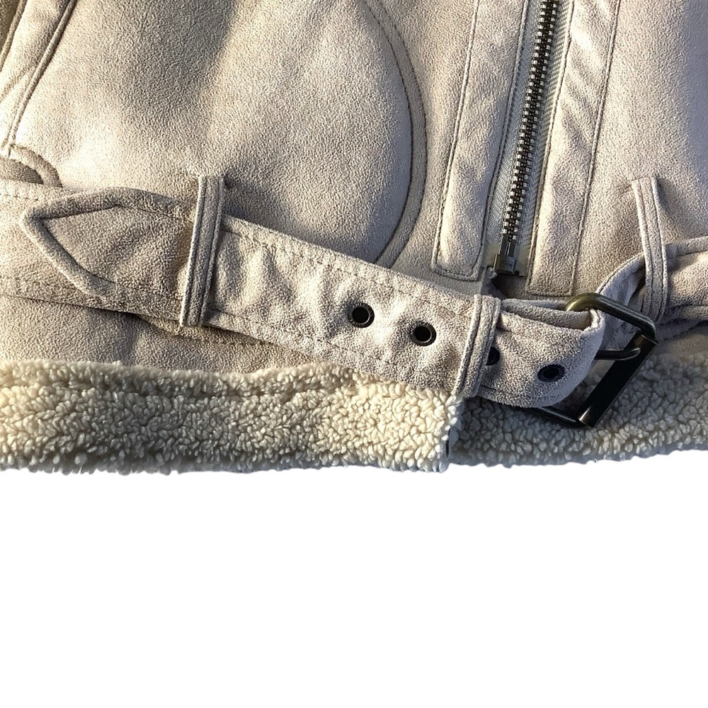 American Eagle Outfitters Moto Shearling Jacket Biker Aviator Small Beige Tan - Picture 8 of 15